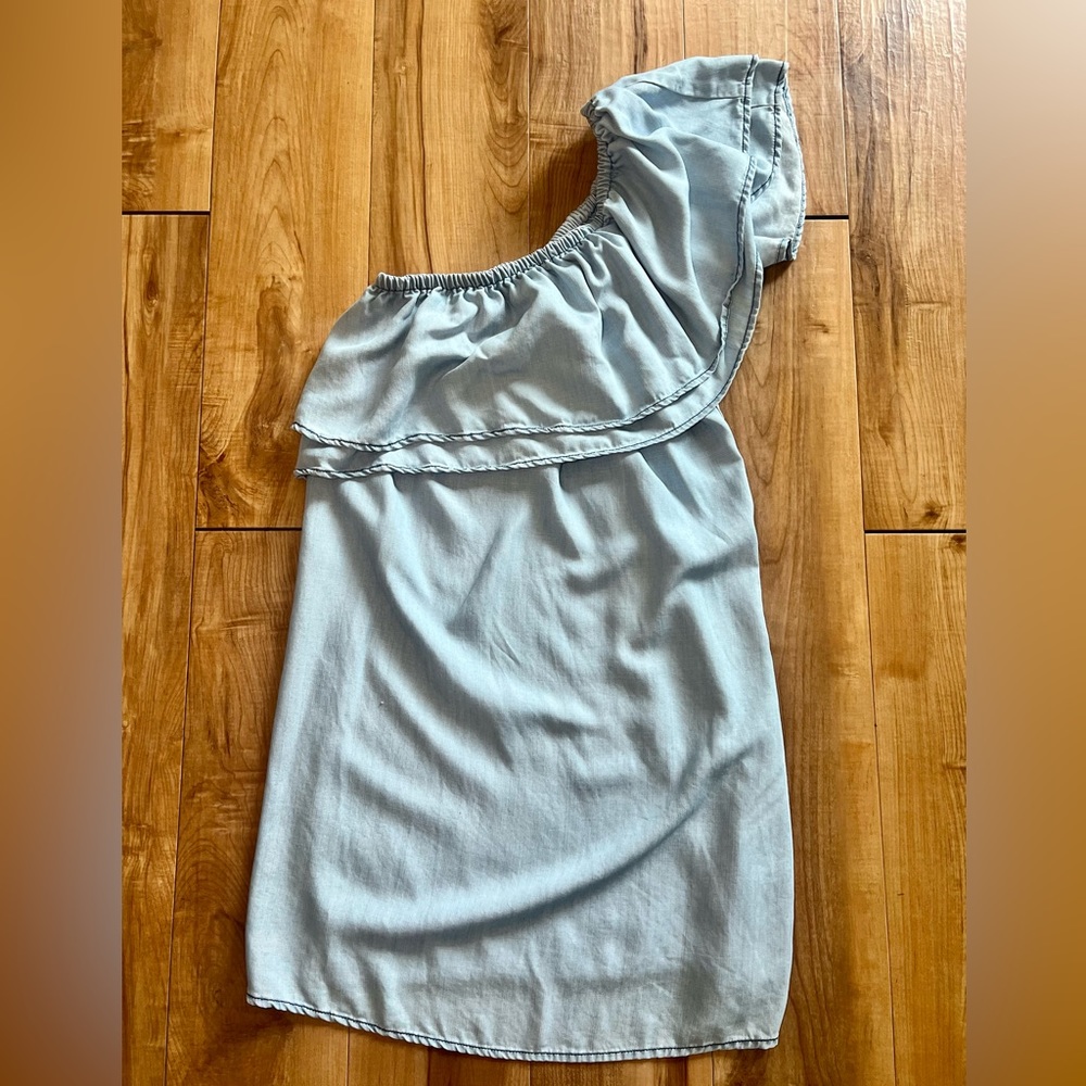 One shoulder BB Dakota chambray dress.